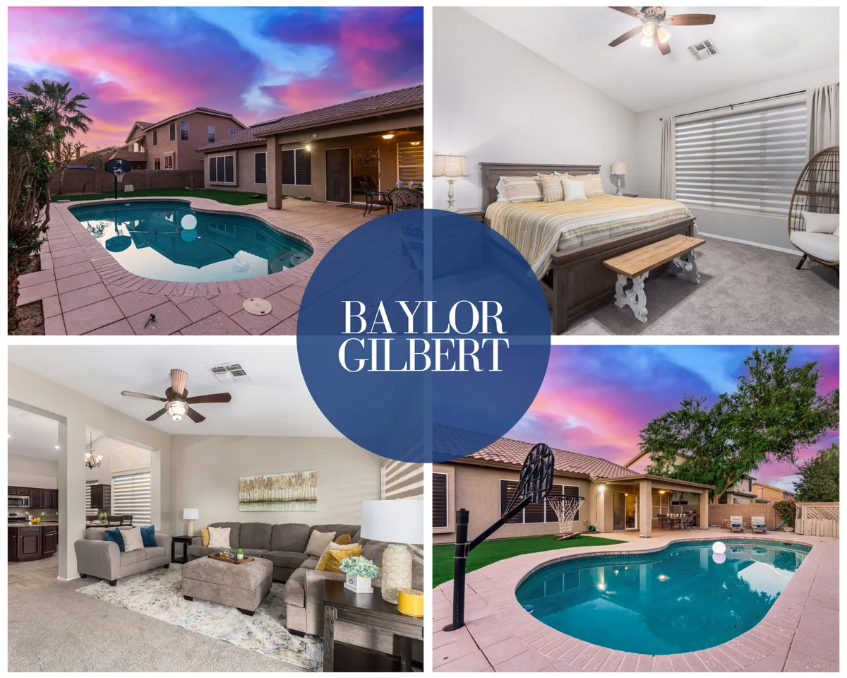 The image showcases a sparkling swimming pool surrounded by a lush grassy backyard, inviting outdoor seating areas, and views into a stylish, comfortable living room and tastefully decorated bedroom. The scene captures a warm Arizona sunset, enhancing the relaxing, family-friendly vibe.